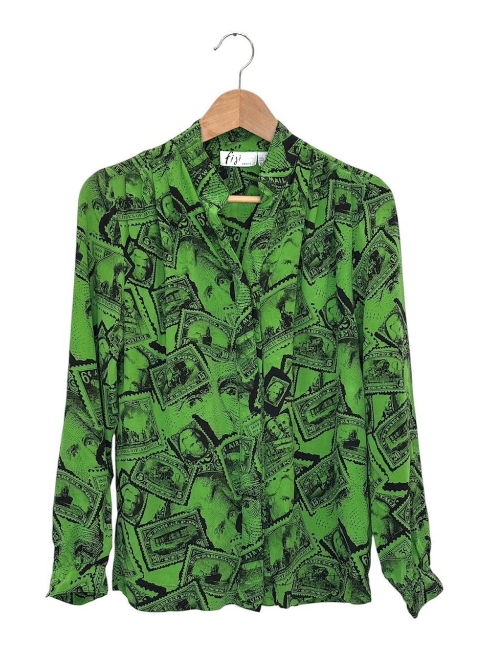 Vintage 90s Fiji Sport Silk Postage Stamp Novelty Print Blouse Bright Green S